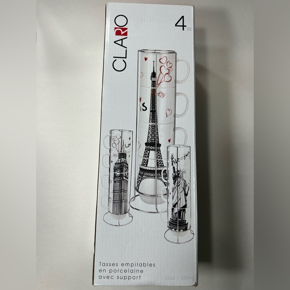 CLARO - Porcelain 12oz Stackable Statue of Liberty Mug Set w/ Chrome Rack - BNIB - Picture 4 of 12